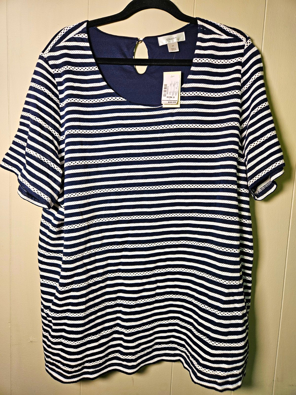 CJ Banks Size 2X Plus Navy White Striped Knit Round Neck Lined NWT